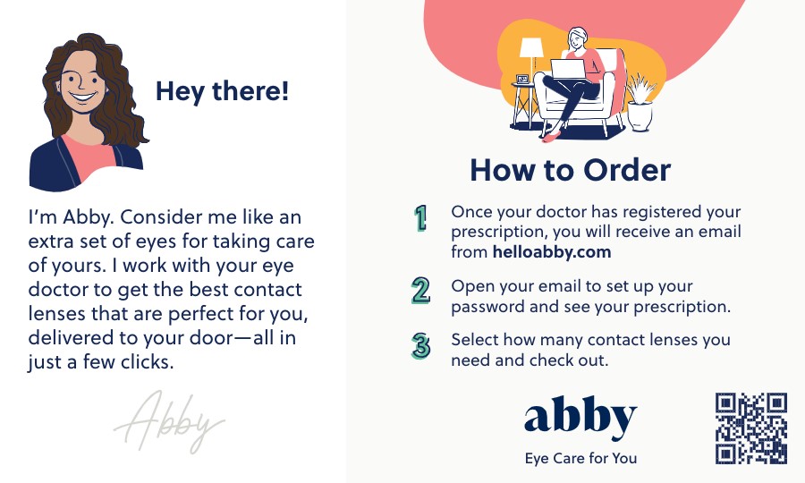 Abby Illustrated guide to Abby contact lens delivery service, with ordering instructions.