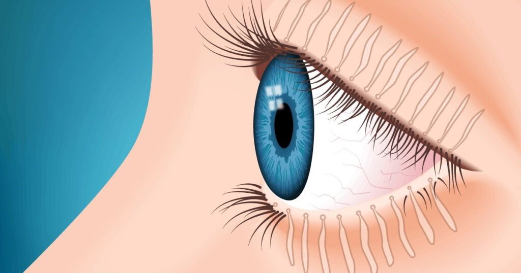 Close-up illustration of a human eye with vibrant blue iris and long dark eyelashes.