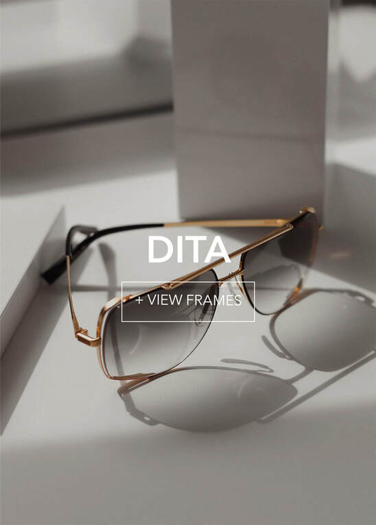 dita-final1_3 DITA gold-frame aviator sunglasses with gradient lenses. Text: + VIEW FRAMES.