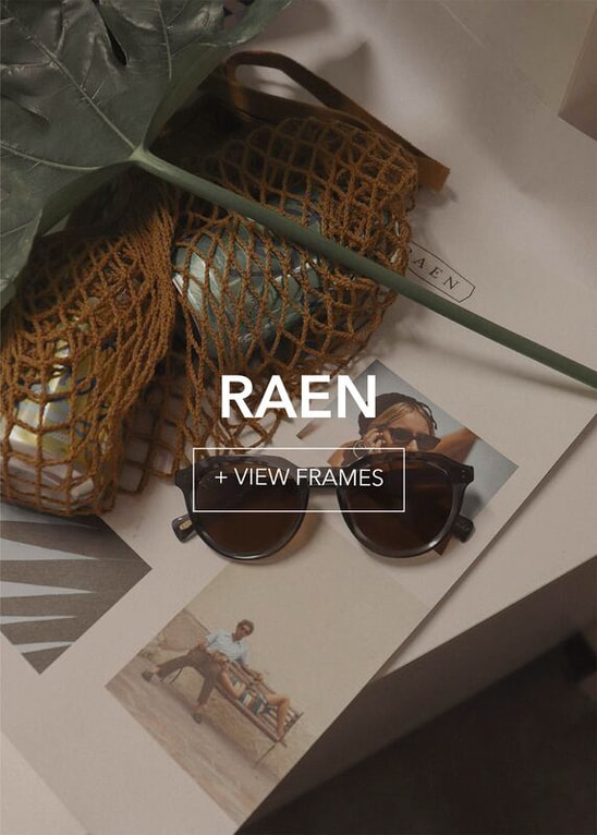 raen-final1_3 Dark RAEN sunglasses, green leaf, brown net bag, and two lifestyle photos.