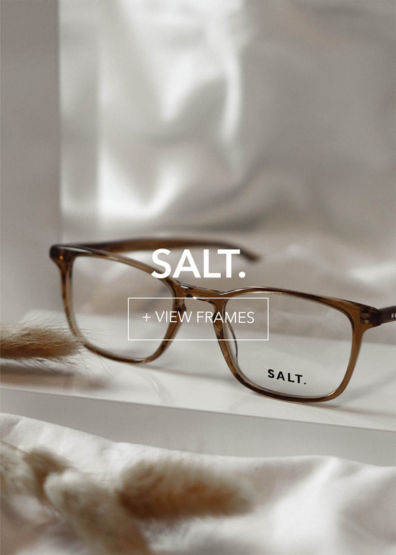 salt-final1_3 Close-up of brown SALT. eyeglasses. Prominent text overlays: 'SALT.' and '+ VIEW FRAMES'.
