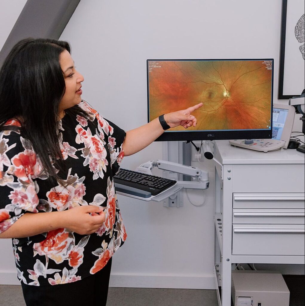 A patient wearing Neurolens technology for a specialized vision test to treat eye strain and digital fatigue.