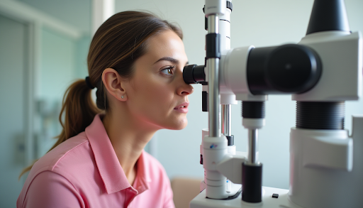 The Dita Collection: Elevating Your Eyewear Style in Portland 2 Patient looking into a phoropter machine during a comprehensive vision test at an optometry clinic.