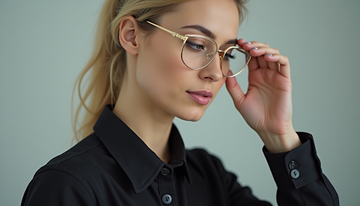 The Dita Collection: Elevating Your Eyewear Style in Portland 4 Close-up side profile of a professional woman in a black shirt adjusting her elegant gold wire-frame eyeglasses.
