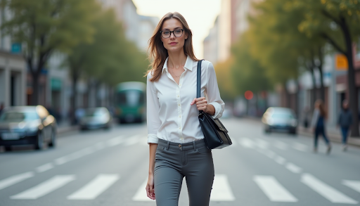 A confident woman wearing stylish eyeglasses, a white button-down shirt, and carrying a leather bag while walking down a city street.