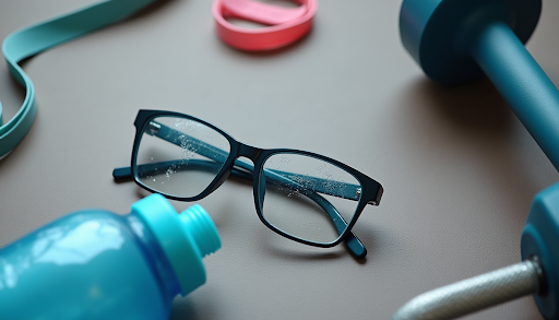 Durable black-framed eyeglasses resting on a gym floor next to a blue water bottle and dumbbells, illustrating sweat-resistant activewear glasses.
