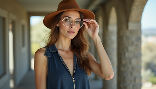 The Dita Collection: Elevating Your Eyewear Style in Portland 3 Stylish woman wearing a brown wide-brimmed hat and round gold metal eyeglasses posing in an outdoor archway.